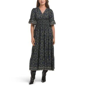 NEW MAX STUDIO LONDON Navy/Cream Smocked Waist Surplice Maxi Dress